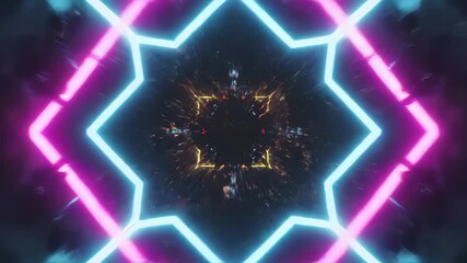 Fast-paced journey through a futuristic neon light tunnel. Abstract symmetrical animation with kaleidoscopic and glitch effects. VJ background for music events and sci-fi visuals - Powered by Adobe