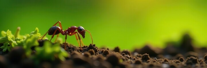 Ant crawling from earth, soft focus on greenery, outside, image, soft