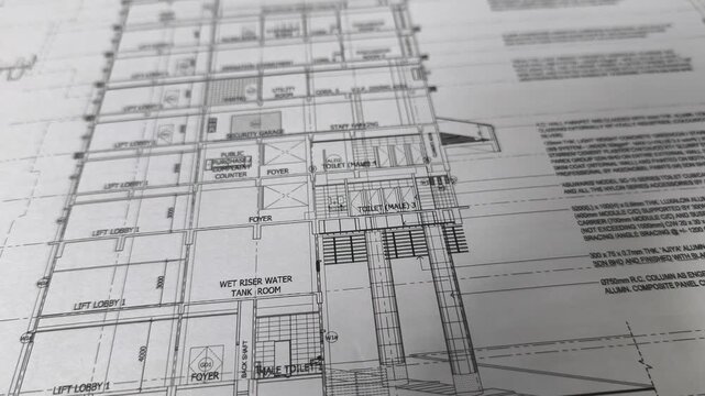 Close-up view of an A1 construction drawing. This large-format blueprint on white paper contains crucial technical details. It's used by site personnel for accurate building construction and execution