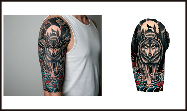 Japanese Irezumi Wolf Sleeve Tattoo with Moon, Waves, and Sakura Flowers