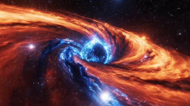 Cosmic vortex swirling fiery plasma and bright blue energy in deep space with distant stars a
