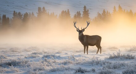Majestic Stag Stands Proudly in a Misty Winter Landscape at Sunrise.