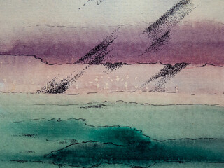 Abstract landscape in green and purple tones. Science fiction of the last century. Watercolor painting