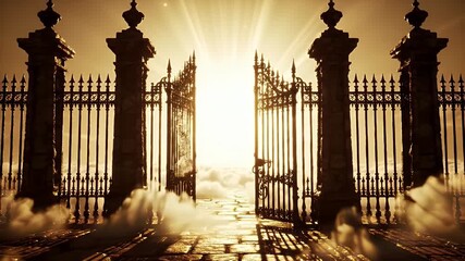 Heavenly Gates Open To Bright Sunlight Golden Hour Clouds Pathway Stone Pillars Ornate Iron Gate - Powered by Adobe