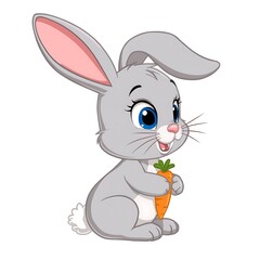 Obraz premium Adorable cartoon grey rabbit with blue eyes holding a carrot Keywords: rabbit, bunny, cartoon, cute