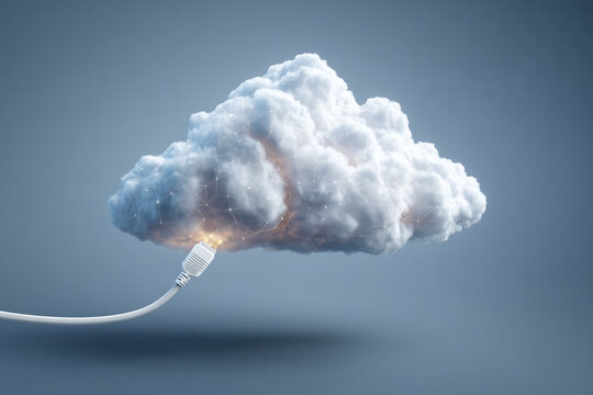 Digital cloud storage connected by a glowing network cable showing active data transfer and internet services - Powered by Adobe