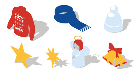 Christmas Ornaments and Winter Clothing Icons with Angels and Stars