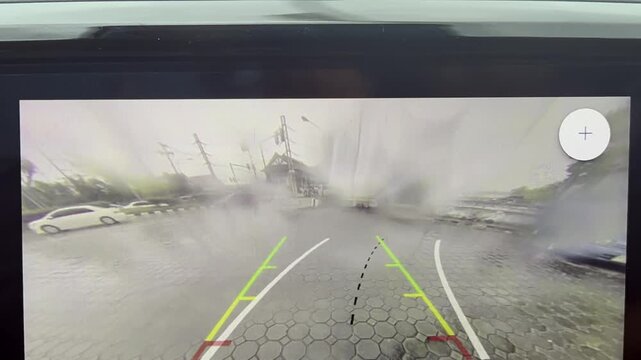 Rain drops on car rearview camera lens causing blurred vision and safety issue.