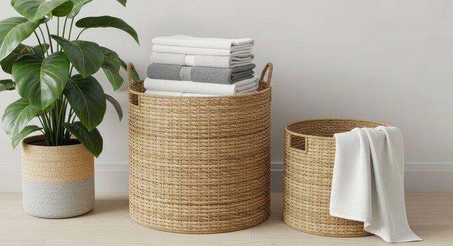 Two woven storage baskets, one holding folded towels and a potted plant, are placed on a lightcolored floor against a neutral wall
