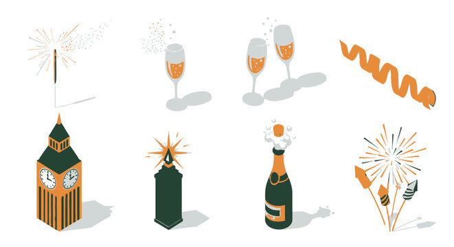 Festive New Years Eve Isometric Icon Set Featuring Celebratory Elements
