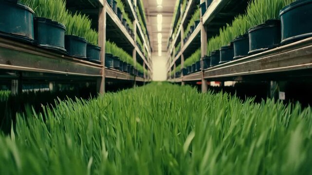 Medium shot capturing a hydroponic barley fodder setup highlighting dense green growth in a modern agricultural facility.