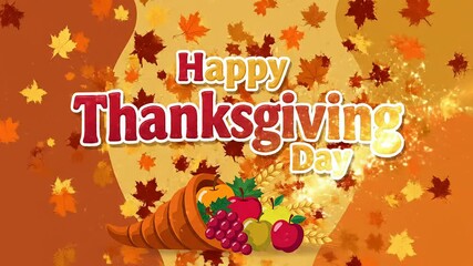 Animated happy thanksgiving day celebration greeting with cornucopia and falling leaves on american autumn holiday background - Powered by Adobe