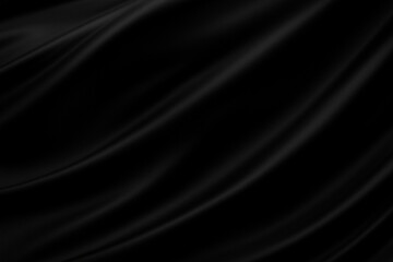 Flowing black silk fabric with elegant folds. Black fabric background with copy space