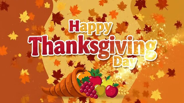 Animated happy thanksgiving day celebration greeting with cornucopia and falling leaves on american autumn holiday background