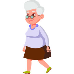 Elderly Woman With White Hair And Glasses Walking In A Casual Outfit Featuring A Light Purple Blouse And Brown Skirt