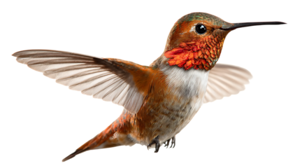 Rufous hummingbird isolated on transparent background showcasing its iridescent plumage