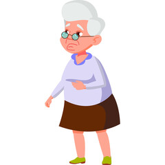 Elderly Woman With White Hair And Glasses Wearing A Purple Blue Shirt And Brown Skirt Standing Isolated On White Background