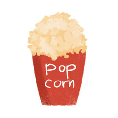Hand-drawn watercolor style illustration of popcorn in a red paper cup with handwritten text &ldquo;popcorn.&rdquo; Simple and cute food clipart perfect for snack themes, cinema posters, cafe menus, kids design