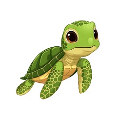 Fototapeta premium Cute cartoon green sea turtle swimming on white background Keywords: turtle, sea turtle, cartoon