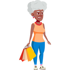 Elderly African American Woman With Gray Hair Wearing Orange Top Blue Jeans Holding Shopping Bags In Hand
