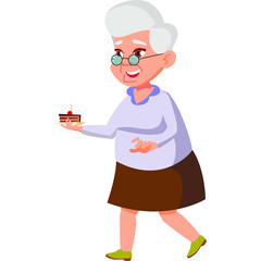 Elderly woman with white hair wearing a light purple sweater and brown skirt holding a chocolate cake with cherry topping and glasses walking with a smile on a white background