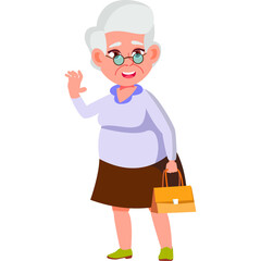 Elderly Woman Waving Hello With A Handbag And Glasses On White Background