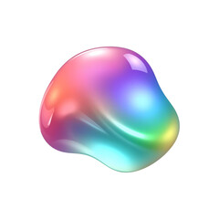 A vibrant iridescent blob with a rainbow holographic gradient finish, isolated on a white background, representing fluid abstract art