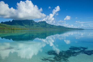 peaceful lagoon where the sky reflection and drifting clouds blend into an endless horizon
