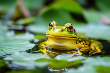 peaceful lotus-covered wetland where frogs rest on floating leaves