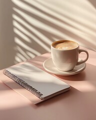 minimal workspace with tablet, notebook, coffee mug on soft pink desk, strong shadows and ample negative space