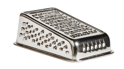 Shiny metal cheese grater isolated on transparent background for kitchen use