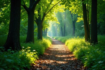 Obraz premium Sun-drenched forest path, dappled light on leaves, leaves, picture