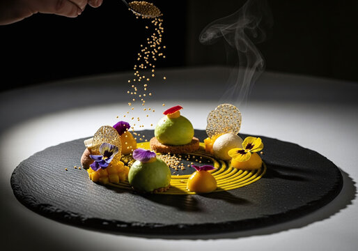 Gourmet dessert with edible flowers and intricate garnishes being sprinkled with gold dust