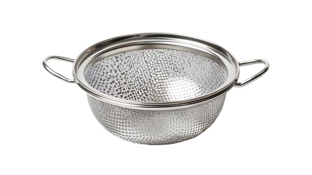 Shiny metal strainer isolated on transparent background for kitchen use