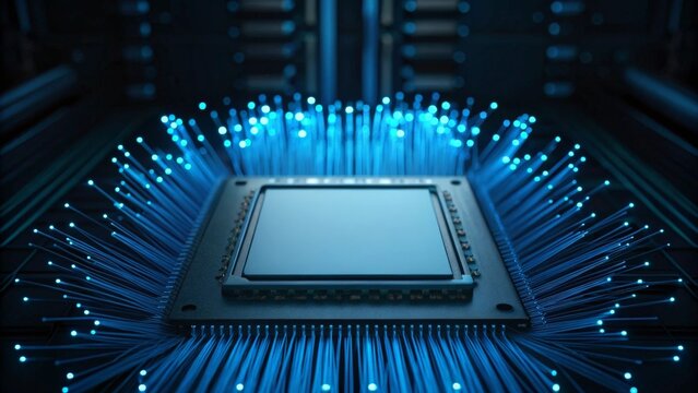 Glowing Blue AI Chip Surrounded by Fiber Optic Cables