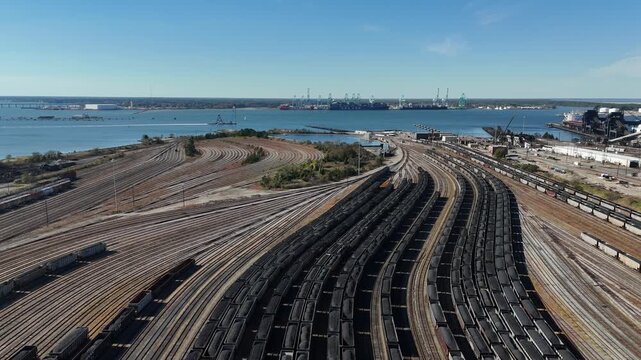 Lambert's Point Railyard and freight train cars meeting the harbor and shipping terminals along the Elizabeth River in Norfolk Virginia 4k aerial drone video