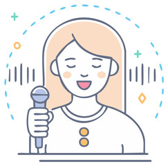 Illustration of a woman singing into a microphone, with sound waves and dotted line details.