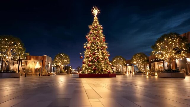 夜景に映える広場の巨大クリスマスツリーの輝き