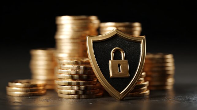 Awesome photo of stacks of gold coins with a shield and lock symbolizing financial security.