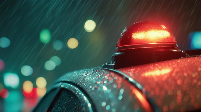 夜の雨に濡れた車の屋根で赤い回転灯が光る都市の情景