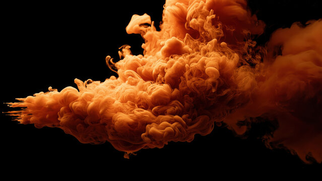 Orange smoke swirls against a black background, created AI