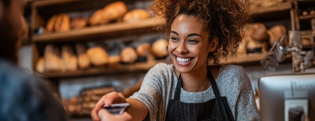 Young black woman smiling while taking payment in bakery store  