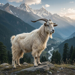 Obraz premium mountain goat on a mountain slope. Kashmiri goat standing in the Himalayan region of Kashmir.