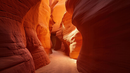 A narrow canyon with vibrant orange walls, created AI
