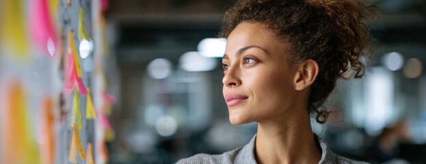 Young woman planning a project while looking at sticky notes on wall  