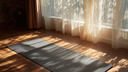 Yoga mat on wooden floor with sunlight streaming through curtains  