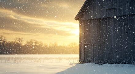 Rustic Barn in a Snowy Winter Landscape at Sunset.