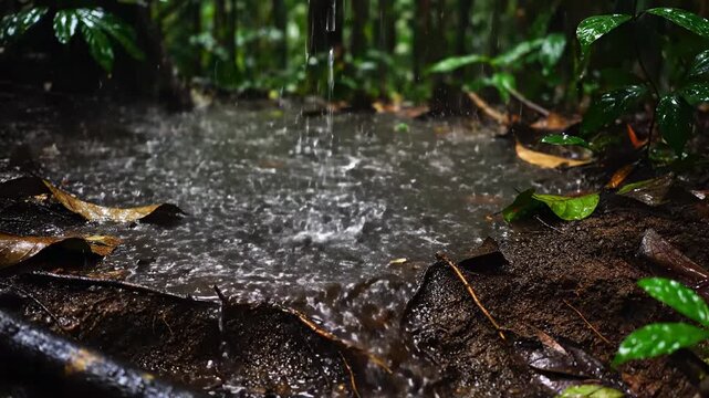 Slow motion tropical rain heavily splashes onto the rich rainforest ground creating intricate patterns humid, life, heavily splashes