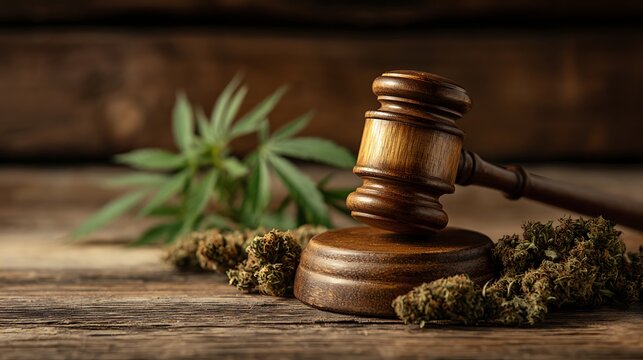 Awesome photo of wooden gavel with cannabis buds and leaf on a rustic wooden surface.