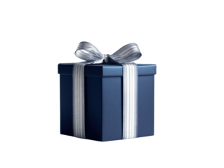 Wrapped navy gift with bright, silver ribbon on black back